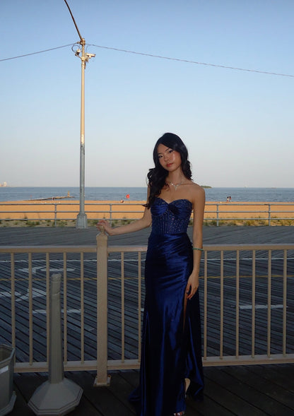 Classy Sweetheart Mermaid Satin Prom Dress Navy Blue Slit Special Occasion Dresses