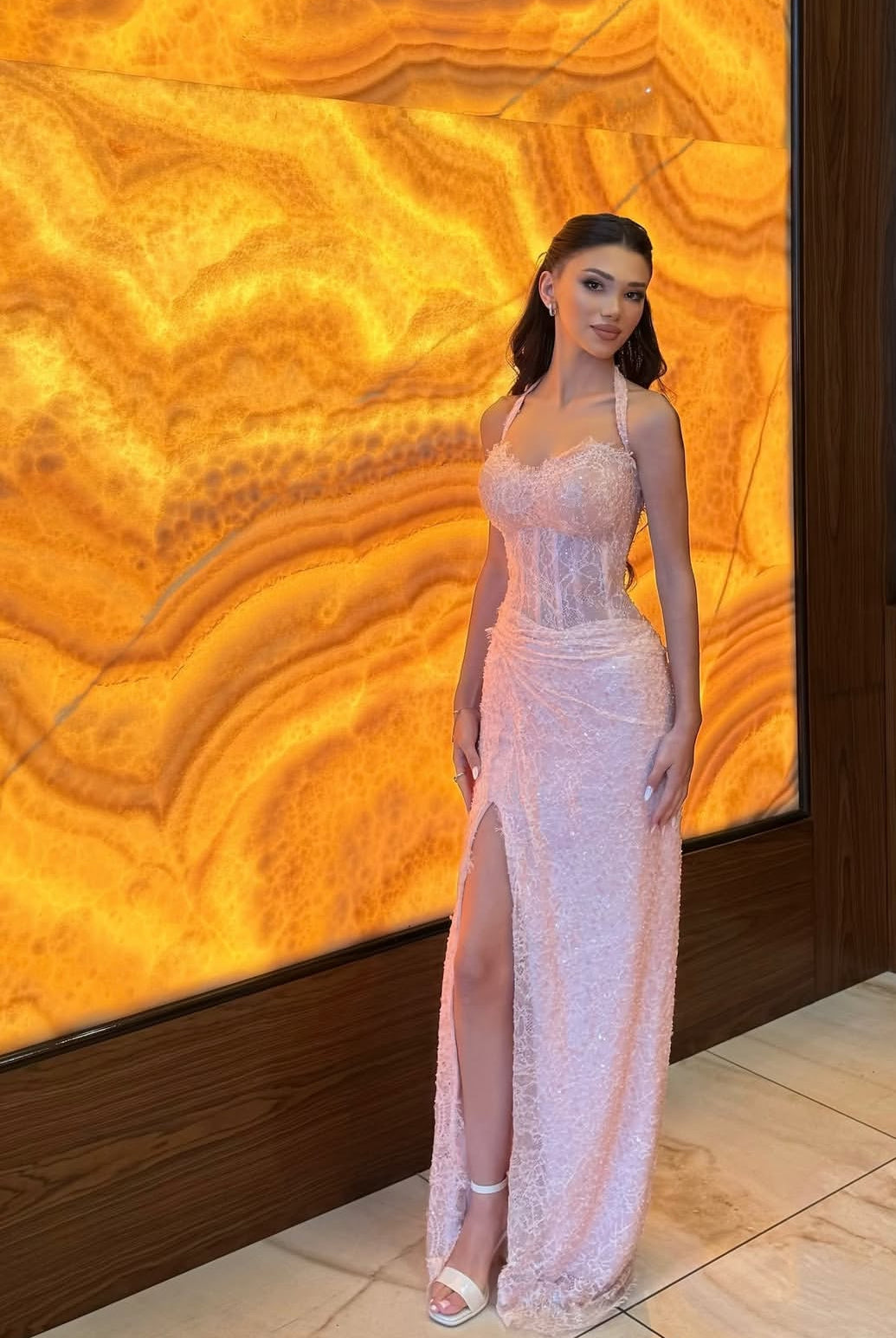 Fancy Lace Long Prom Dress With Slit Halter Formal Evening Dresses