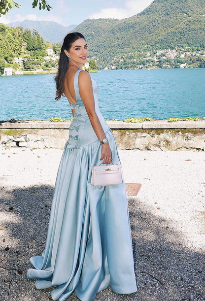 Fancy Blue Satin Formal Dresses Long Backless Grad Dress