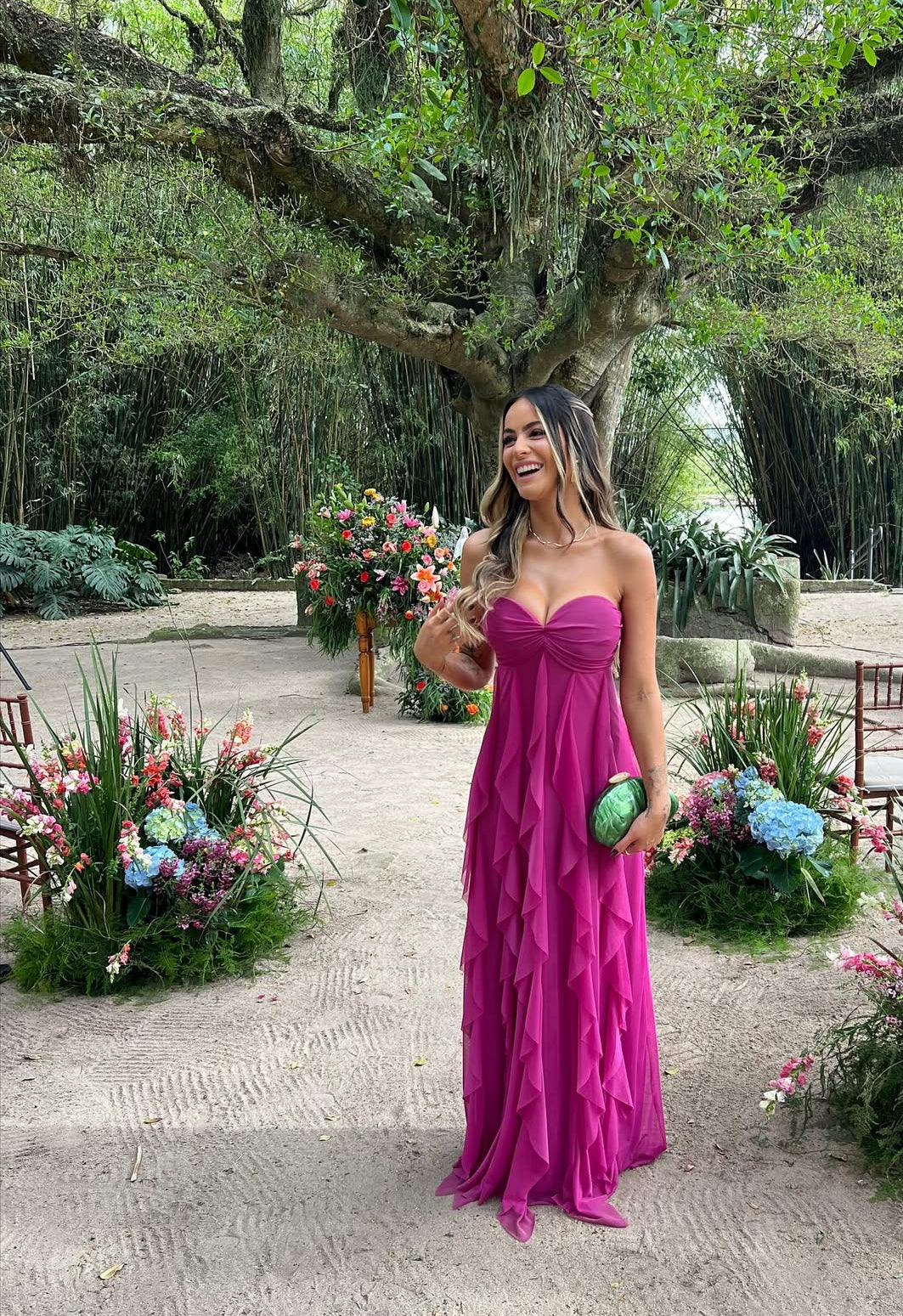 Strapless Fuchsia Long Prom Dress Casual Chiffon Wedding Guest Dresses