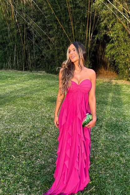 Strapless Fuchsia Long Prom Dress Casual Chiffon Wedding Guest Dresses