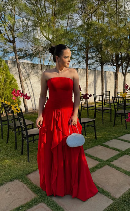 Strapless A Line Red Long Prom Dress Fancy Woman Party Dresses
