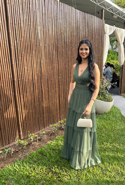 V Neck Green A Line Long Prom Dress Tulle Wed Party Dress