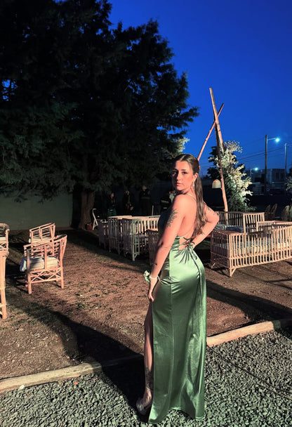 Green Satin Long Prom Dresses Backless Ball Gown Dress for Woman