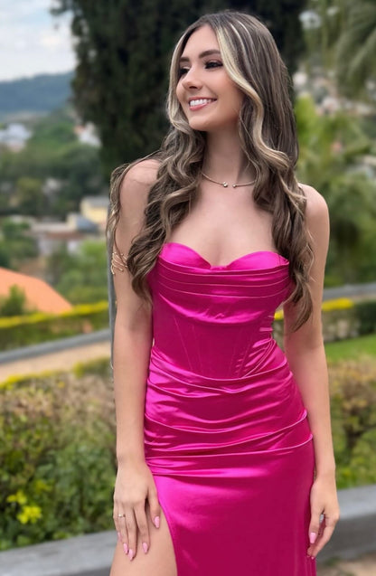 High Slit Satin Long Prom Dress Backless Formal Evening Gown