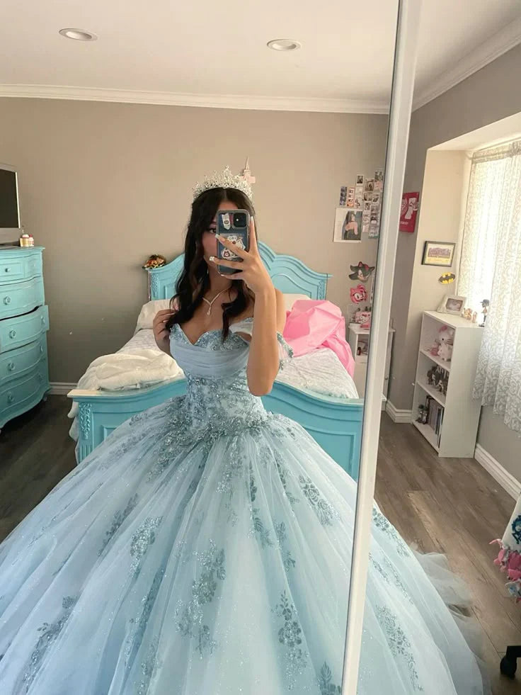 Luxury Off The Shoulder Blue Ball Gown Birthday Dress Princess Sweet 16 Dresses
