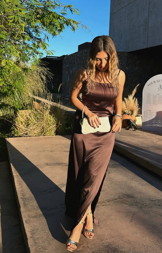 Chocolate Wedding Guest Dress With Side Slit Satin Bodycon Dresses