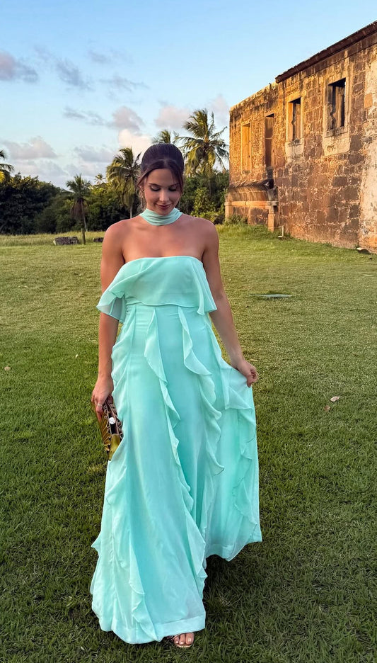 Strapless A Line Wedding Guest Dress Ruffle Chiffon Party Outfit