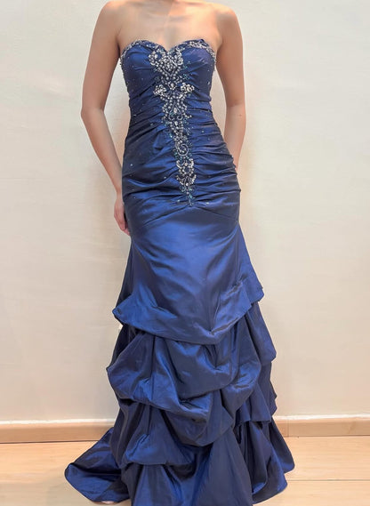 Vintage Satin Beaded Prom Dress Navy Blue Mermaid Formal Evening Party Dresses