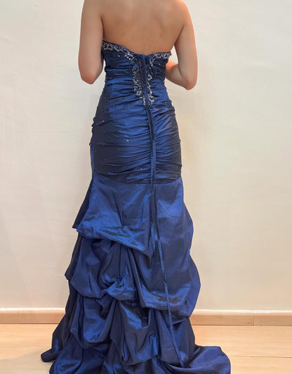 Vintage Satin Beaded Prom Dress Navy Blue Mermaid Formal Evening Party Dresses