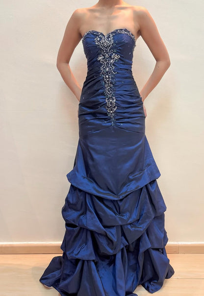 Vintage Satin Beaded Prom Dress Navy Blue Mermaid Formal Evening Party Dresses