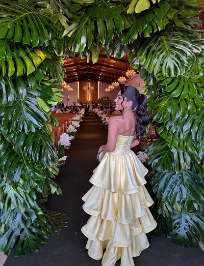 Strapless A Line Yellow Layered Long Prom Dress Formal Graduation Dresses