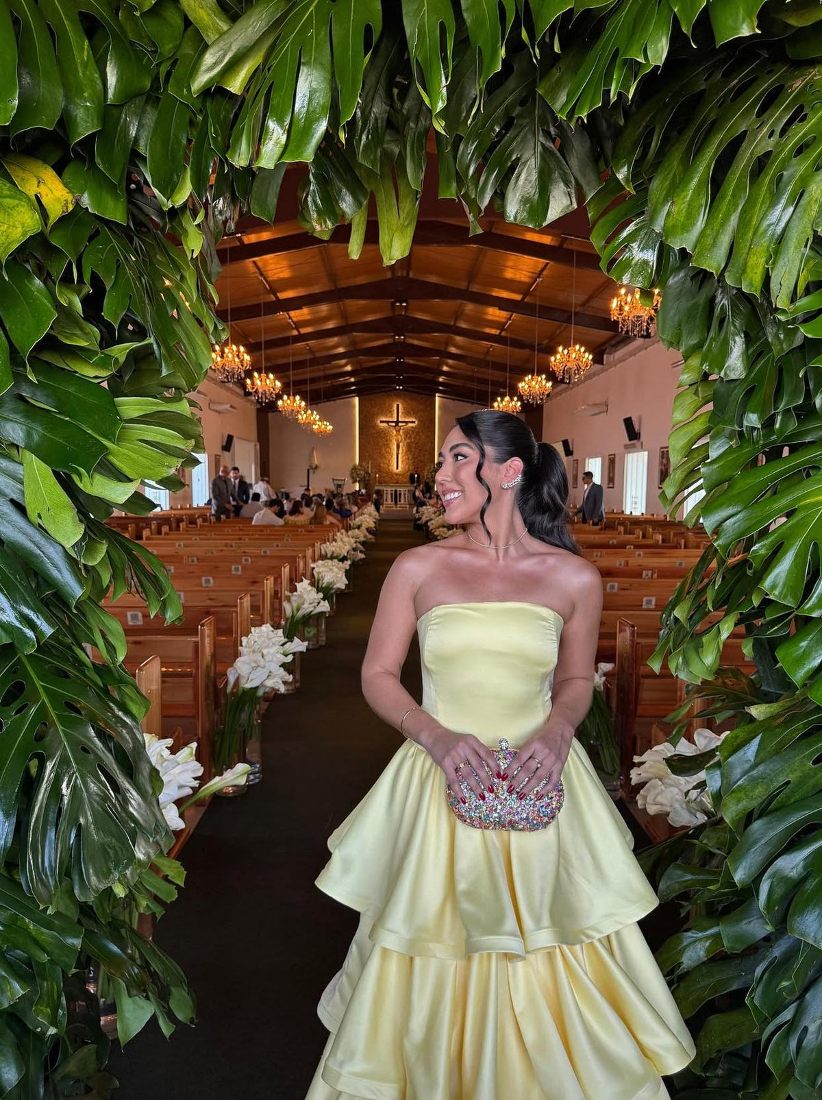 Strapless A Line Yellow Layered Long Prom Dress Formal Graduation Dresses