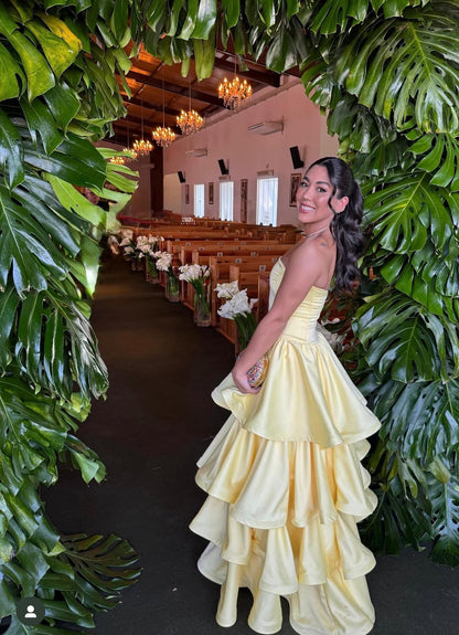 Strapless A Line Yellow Layered Long Prom Dress Formal Graduation Dresses