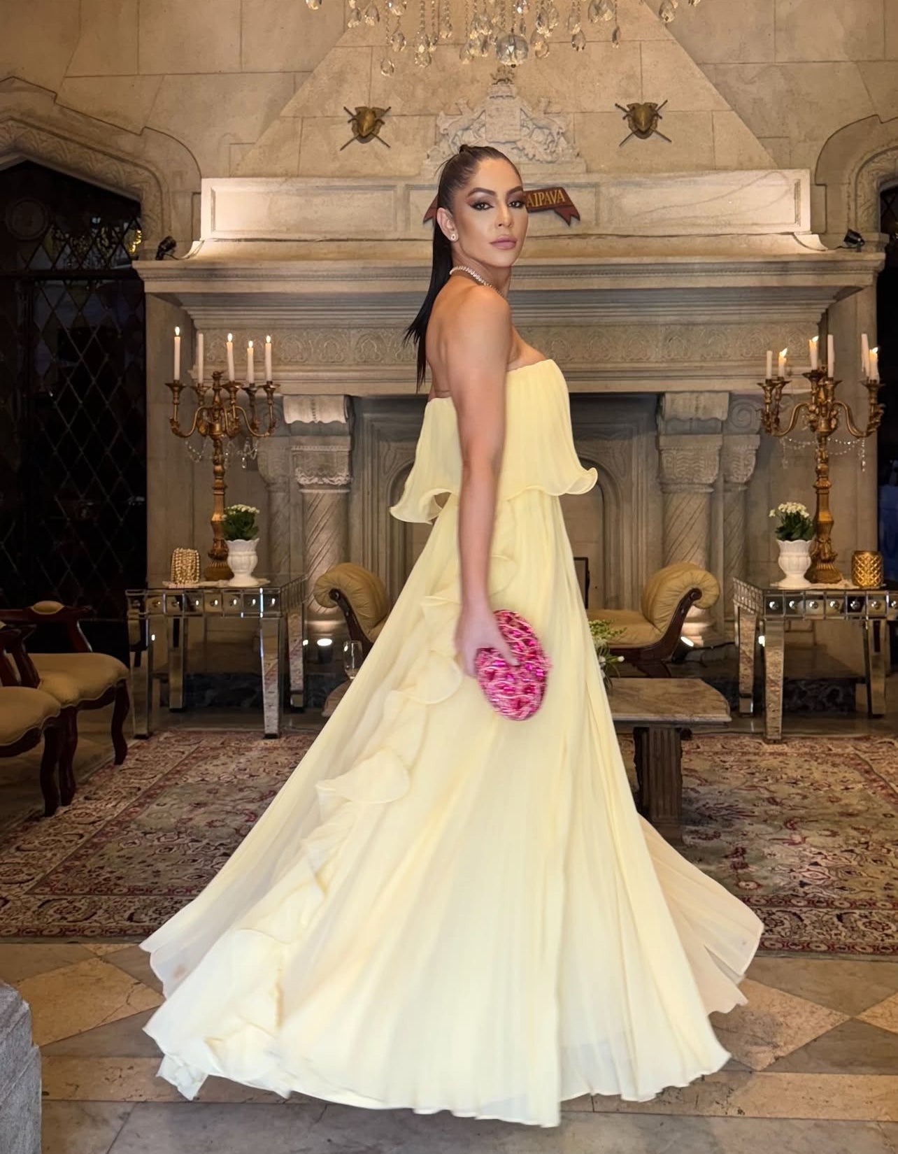 Strapless Yellow A Line Chiffon Prom Dress Pleated Evening Gown Woman Elegant
