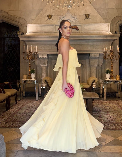 Strapless Yellow A Line Chiffon Prom Dress Pleated Evening Gown Woman Elegant