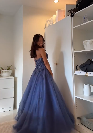 Strapless A Line Tulle Long Prom Dresses Elegant Party Dress