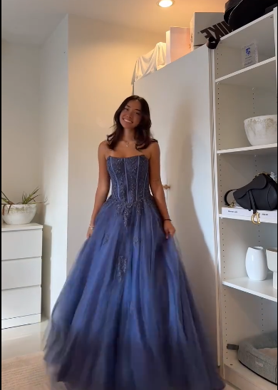 Strapless A Line Tulle Long Prom Dresses Elegant Party Dress
