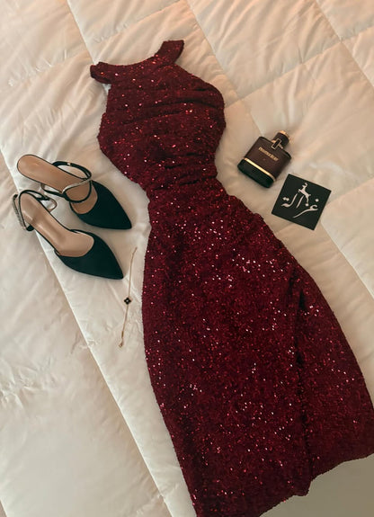 Burgundy Sequin Prom Dress Formal Evening Outfits for Women Classy