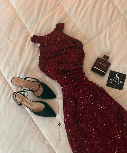 Burgundy Sequin Prom Dress Formal Evening Outfits for Women Classy