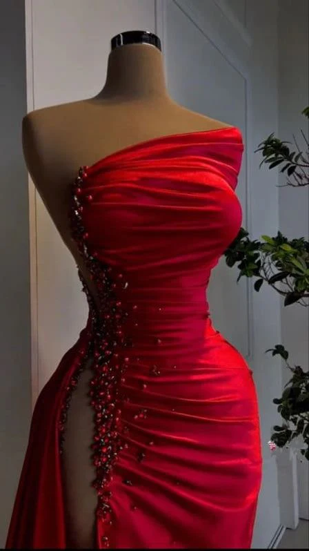 Beaded High Slit Evening Dress Sexy Red Party Dresses Satin Formal Outfit
