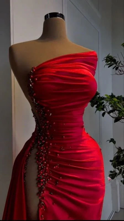Beaded High Slit Evening Dress Sexy Red Party Dresses Satin Formal Outfit
