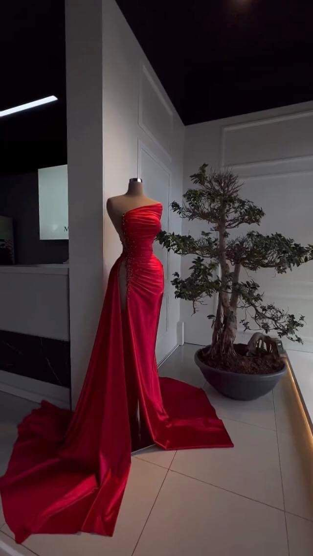 Beaded High Slit Evening Dress Sexy Red Party Dresses Satin Formal Outfit