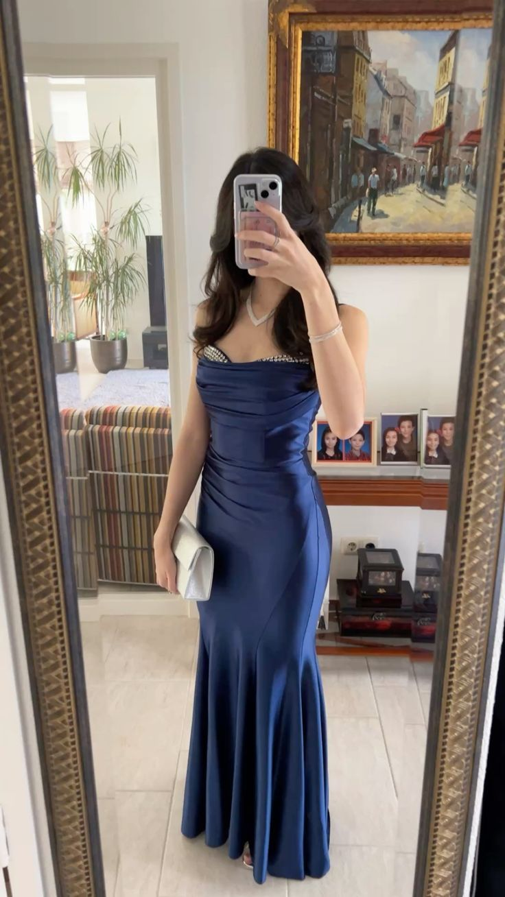 Navy Blue Mermaid Satin Long Prom Dress Strapless Fitted Wedding Guest Dresses