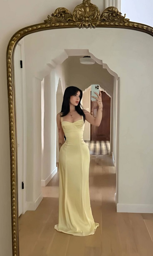 Elegant Sheath Long Prom Dresses Yellow Satin Maxi Dress
