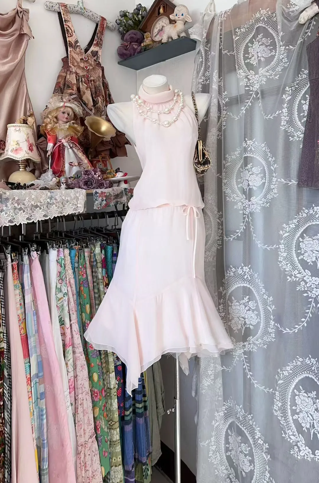 Casual Pink Outfit Dress Midi Chiffon Dresses