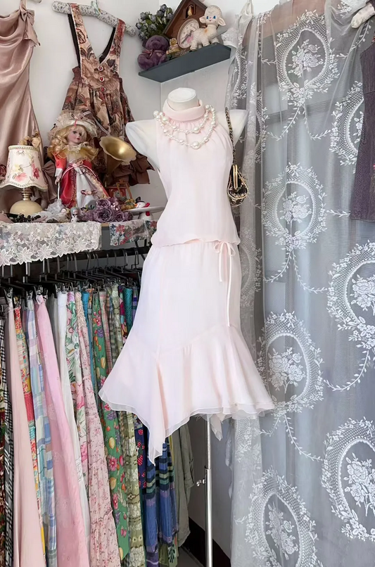 Casual Pink Outfit Dress Midi Chiffon Dresses