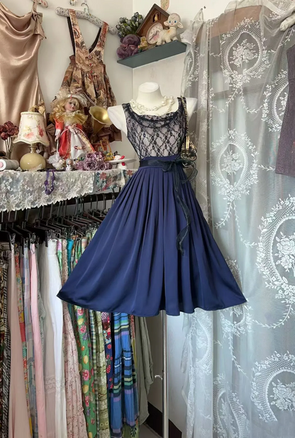 Navy Blue A Line Birthday Dresses Lace Short Party Dress with Bow