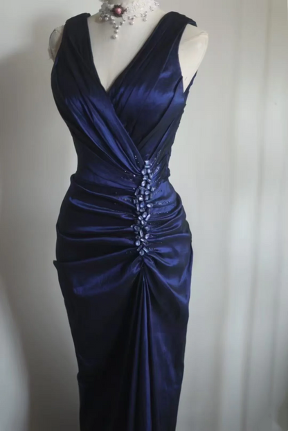 V Neck Satin Long Prom Dress Navy Blue Evening Gala Dresses