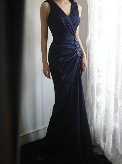 V Neck Satin Long Prom Dress Navy Blue Evening Gala Dresses