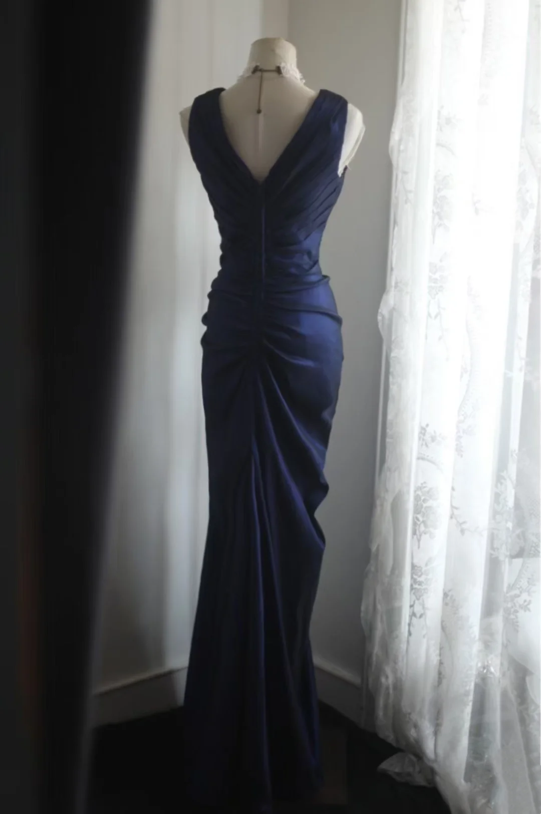 V Neck Satin Long Prom Dress Navy Blue Evening Gala Dresses