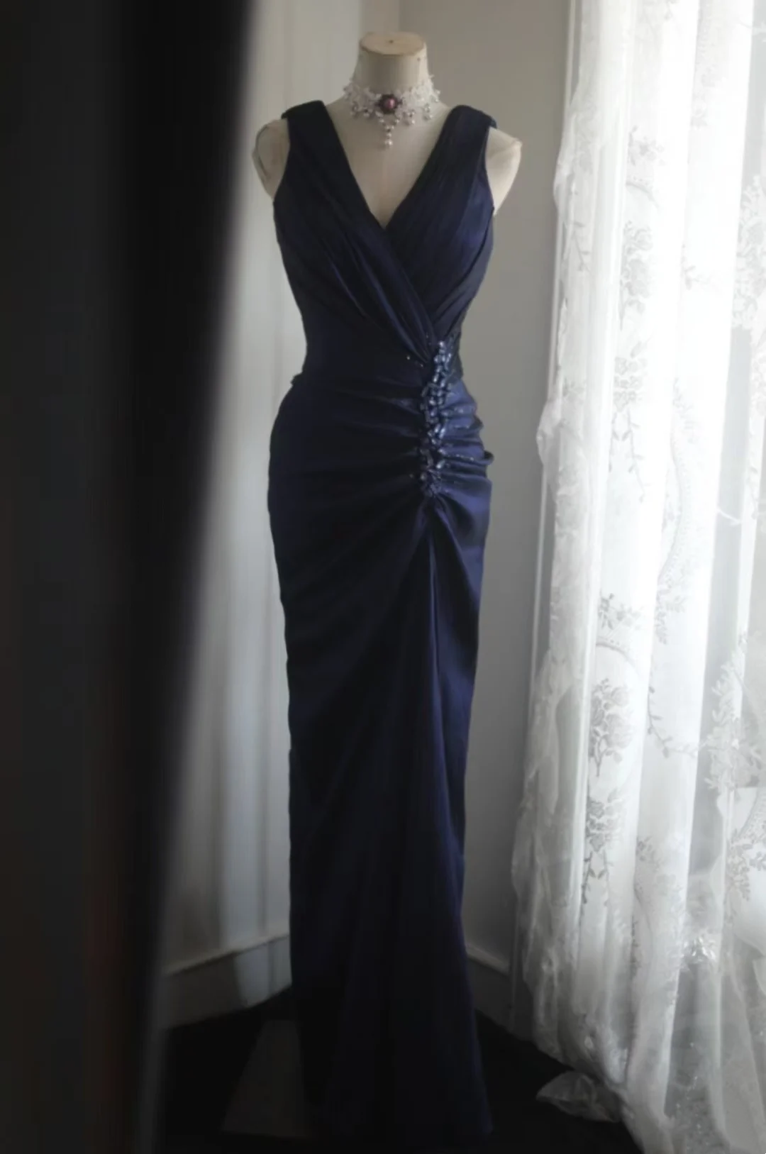 V Neck Satin Long Prom Dress Navy Blue Evening Gala Dresses