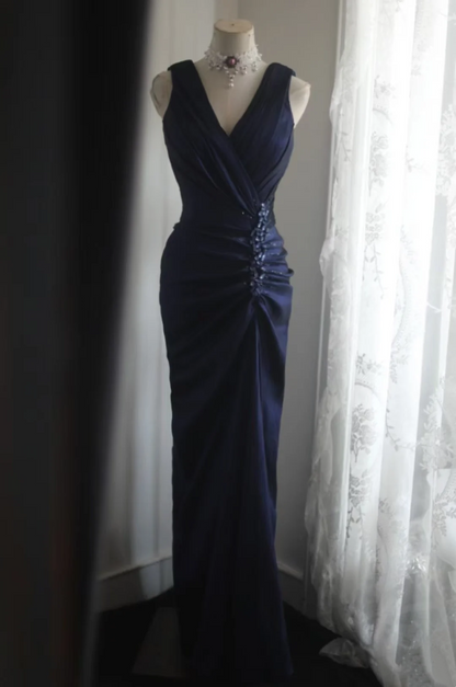 V Neck Satin Long Prom Dress Navy Blue Evening Gala Dresses