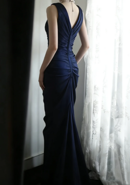 V Neck Satin Long Prom Dress Navy Blue Evening Gala Dresses