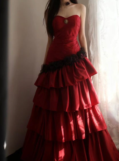 Sweetheart Red A Line Layered Prom Dress Princess Satin Formal Dresses