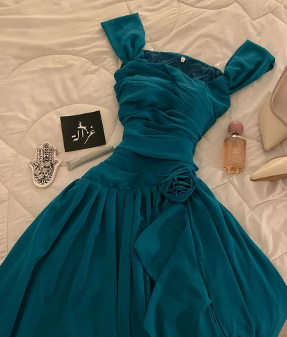 A Line Chiffon Teal Prom Dress Formal Wedding Guest Dresses