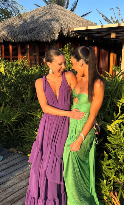 Purple Backless Wedding Guest Dress Deep V Neck Chiffon Formal Party Dresses