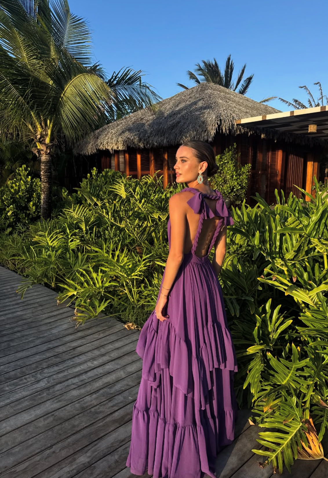 Purple Backless Wedding Guest Dress Deep V Neck Chiffon Formal Party D