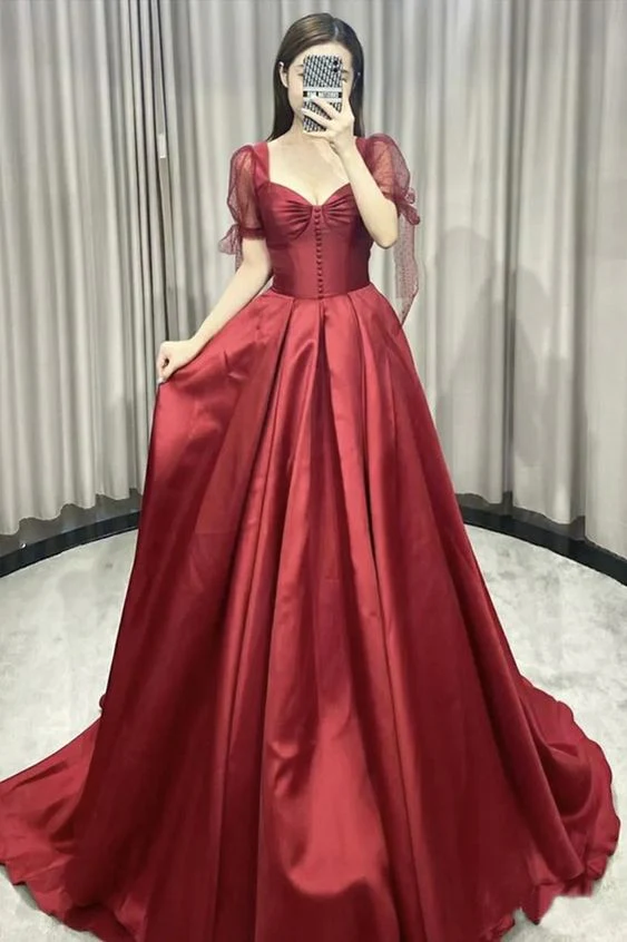 A line Sweetheart Burgundy Satin Evening Dress Long Prom Outfit