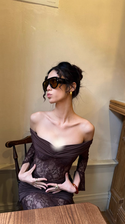 Off The Shoulder Coffee Lace Prom Dress Fitted Long Sleeve Formal Gown