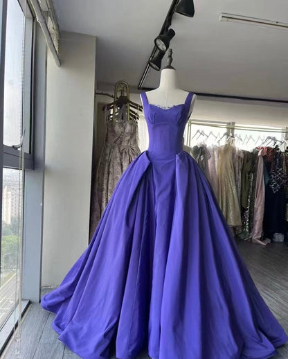 A Line Purple Satin Prom Dress Ball Gown Corset Formal Gown with Train