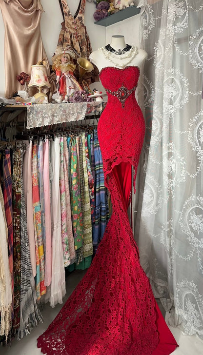 Red Lace Prom Dresses Beaded Strapless Mermaid Engagement Dress