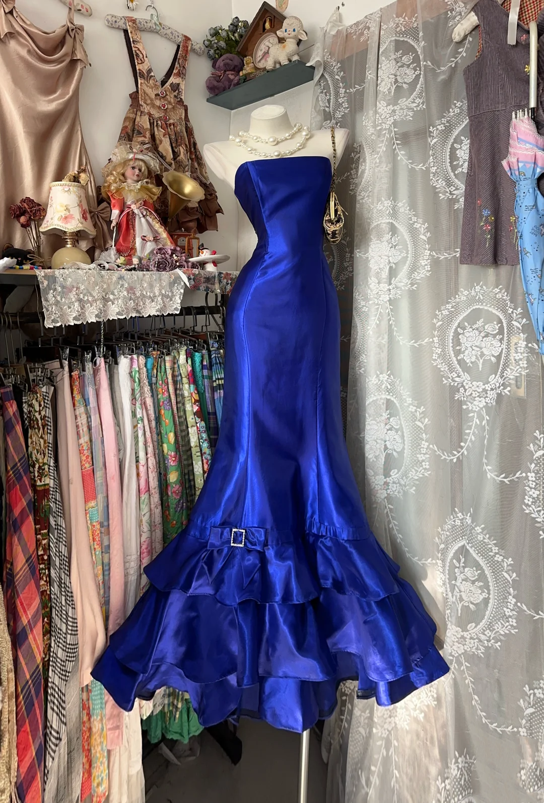 Strapless Royal Blue Satin Prom Dress Mermaid Wedding Party Outfit