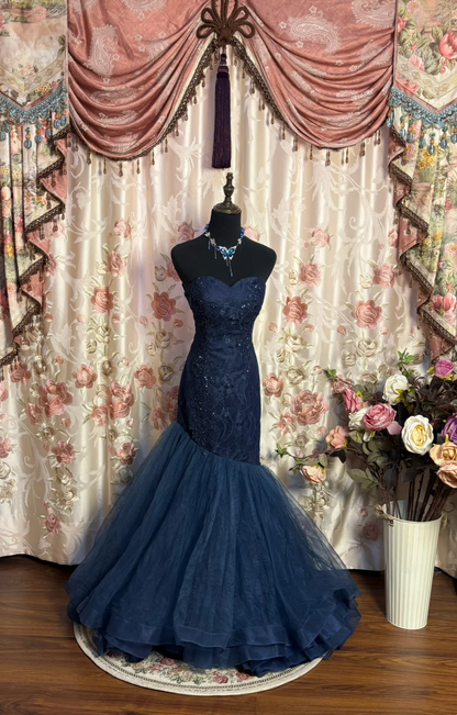 Navy Blue Lace Prom Dress Mermaid Evening Gown Elegant