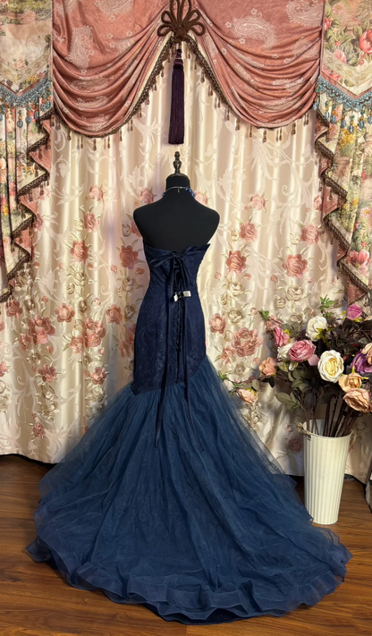Navy Blue Lace Prom Dress Mermaid Evening Gown Elegant