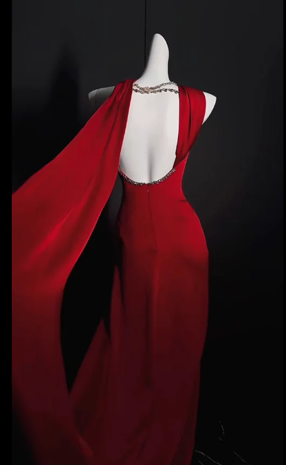 Red Fitted Prom Dress Long Open Back Evening Outfit with Scarf